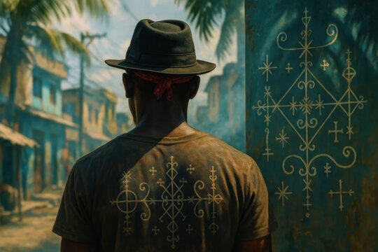 A man wearing a hat stands before painted spiritual symbols under warm sunlight in a village street.