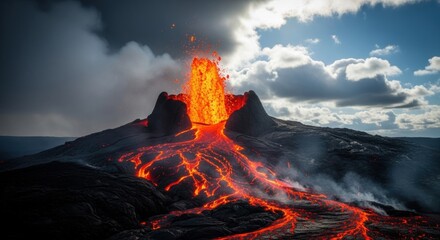Volcanic eruption with explosive magma and hot lava flow. Natural geological event showing raw power. A dramatic landscape of creation and destruction. Metaphor for risk and change
