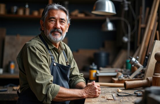 A senior male craftsman working in his woodworking workshop with tools and materials around him - Powered by Adobe