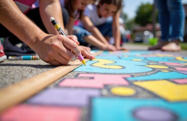Obraz premium Children drawing colorful chalk art on pavement outdoors during daytime