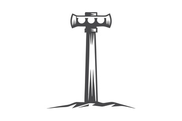 Isolated stylized battle axe is depicted resting on uneven ground in dark gray