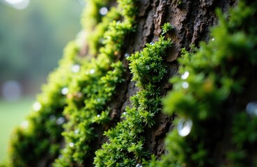 Close-up of moss growing on tree bark with vibrant green color and textured surface