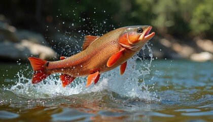 Orange fish leaps from river water creating splash. Wild aquatic animal jumps mid air above rippling stream. Outdoors nature scene shows fish motion.