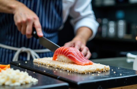 Sushi chef preparing fresh salmon nigiri on black cutting board in a professional kitchen - Powered by Adobe