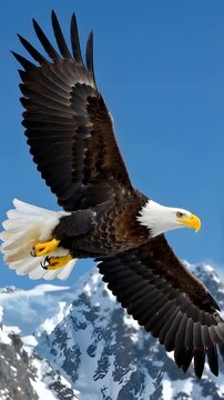 Majestic bald eagle in flight over snow-capped mountains, a symbol of wild freedom.