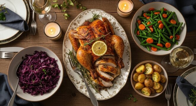 Festive roasted chicken dinner with vegetable side dishes. Traditional holiday meal for Thanksgiving or Christmas. Elegant table setting with candlelight for a family gathering - Powered by Adobe