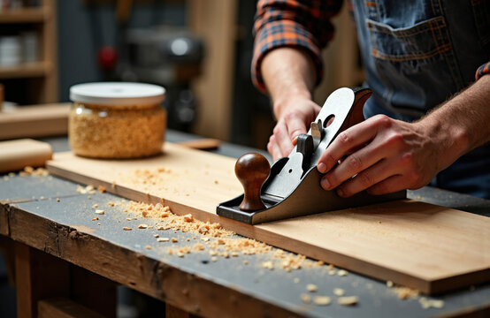 A person using a hand planer to smooth a wooden board in a woodworking workshop