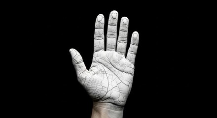 Human hand with cracked dry skin texture. Stop gesture symbolizing warning. Conceptual art for environmental issues like drought. Dramatic isolated monochrome visual