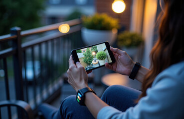 Woman taking photo of potted plants on balcony at dusk