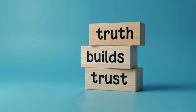 Concept of truth building trust. Wooden blocks are stacked with words truth builds trust. Business concept shows integrity and honesty. Blue background.