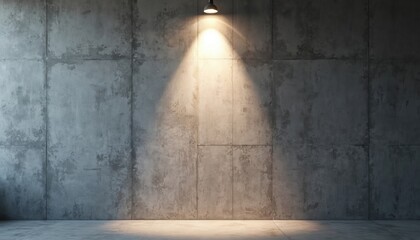 Concrete wall illuminated by modern downlight. Texture wall background. Dim lighting creates dramatic effect. Industrial interior space, empty room. Design and minimalist style concept.