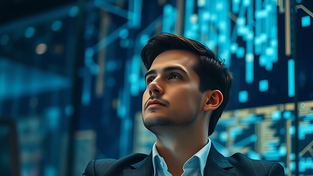 Professional in a tech environment, focused expression with abstract digital background and glowing nodes.