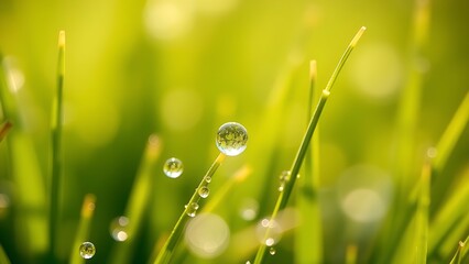 Morning dew glistens on tender grass blades, capturing the freshness of a spring day.