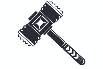 Ornate dark gray war hammer shows a geometrical pattern on a white background