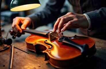 Fototapeta premium A person adjusting a violin on a wooden table in a workshop setting