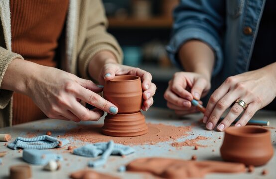Woman shaping clay on pottery wheel with hands and tools in a ceramics studio