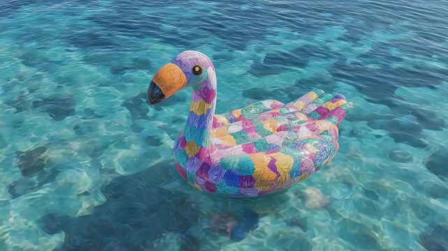 Colorful inflatable flamingo float on clear ocean water
