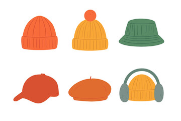 Assortment of colorful winter and casual headwear accessories for cold weather