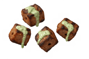 Grilled meat cubes with green sauce a delicious appetizer or main course ingredient on transparent background