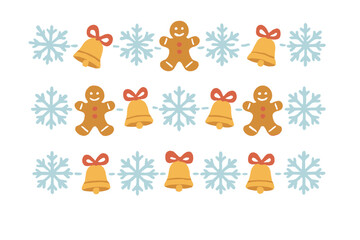 Fototapeta premium Seamless winter holiday border with gingerbread men bells and snowflakes