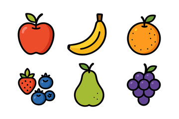 Colorful cartoon fruit icons set featuring banana, orange, strawberry, blueberry, pear, and grapes