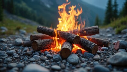 Burning campfire with logs sits on rocky ground in mountain setting. Flames lick wood, creating warmth and smoke. Forest in background shows dusk light.