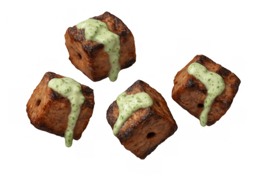 Grilled meat cubes with green sauce a delicious appetizer or main course ingredient on transparent background