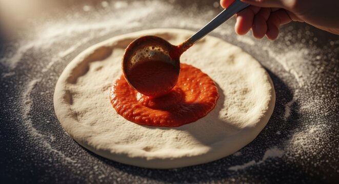Artisanal pizza preparation process. Chef spreading fresh tomato sauce on raw dough with a ladle. Homemade Italian cuisine concept for a restaurant menu or cooking blog. Culinary food making