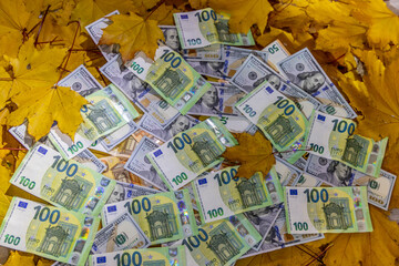 US dollar and Euro banknotes scattered on autumn leaves featuring currency details, texture and fall colors representing finance, economy, inflation, banking, investment and seasonal concept. Currency