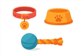 Essential pet supplies including collar bowl and rope toy © Alan