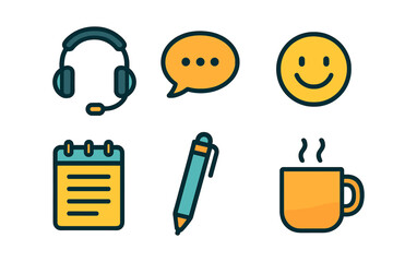 Customer service and communication icons featuring headset, chat bubble, and positive feedback symbols