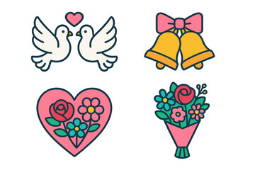 Set of romantic and wedding icons with doves, bells, heart, and flowers