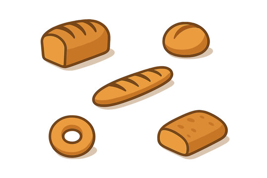 Isometric icons of assorted baked bread types: loaf, baguette, and roll