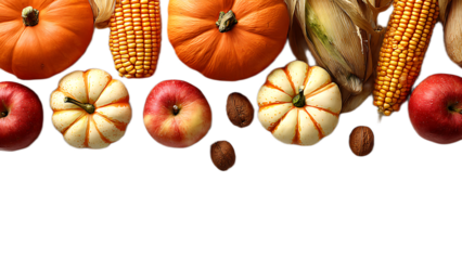 A still life arrangement featuring pumpkins corn apples and walnuts against a black background space