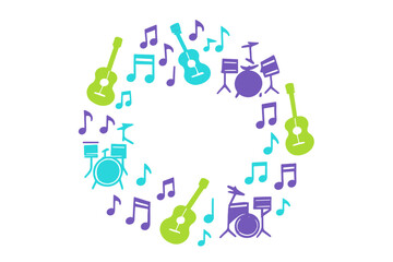 Acoustic guitars and drum sets forming a musical border with floating notes