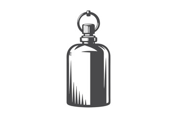 Monochrome shows a stylized vintage metal canister with hanging loop in simple line art