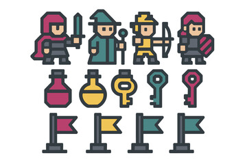 Pixel style fantasy game icons set with characters potions keys and flags