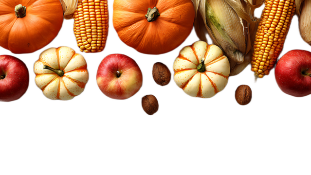 A still life arrangement featuring pumpkins corn apples and walnuts against a black background space