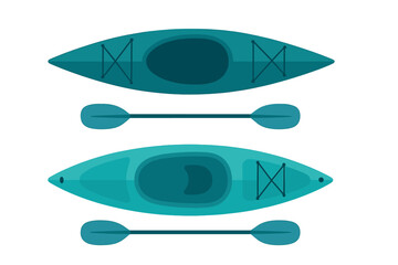 Top view of two turquoise kayaks with paddles ready for water adventure
