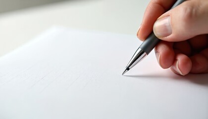 Close up photo shows hand holding pen ready to write on a white paper. Writing process in office, home. New idea note taking with silver pen.