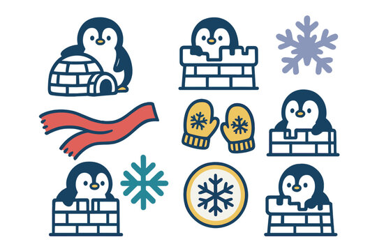 Charming set of cartoon penguin icons with winter accessories and igloo