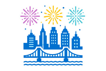 Urban skyline silhouette with suspension bridge and bright festive fireworks display