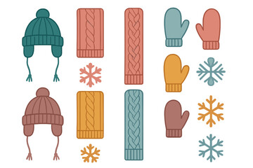 Assortment of colorful knitted winter hats mittens and scarves with snowflakes