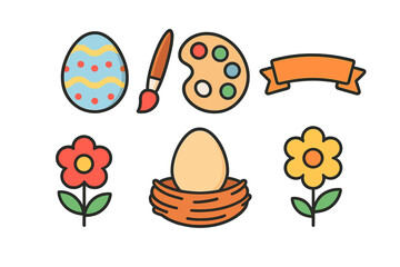 Easter holiday icons set featuring painted egg, nest, flowers, and art supplies
