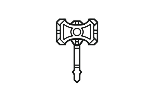 Outline drawing presents a double headed war hammer with geometric details and a pointy handle