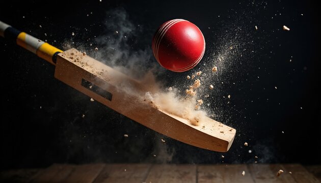 Red cricket ball hits wooden bat creating dust cloud. Wood chips fly as bat strikes ball. Fast action moment in dark sport arena. Intense game play scene.