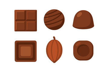 Assortment of chocolate pieces and cocoa bean icons