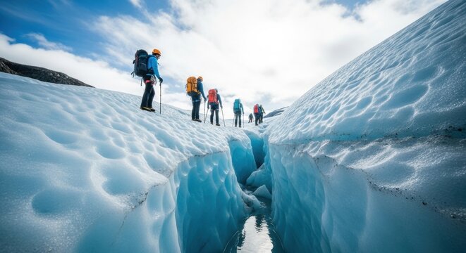 Group of adventurers trekking on a vast blue glacier. Team expedition navigating a dangerous ice crevasse. Extreme outdoor sports and adventure travel concept for marketing
