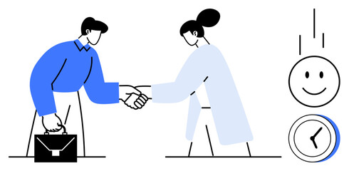 Two professionals shaking hands, briefcase, happy face, clock icon conveying teamwork, agreement, collaboration, time management, partnerships business success. Ideal for cooperation reliability