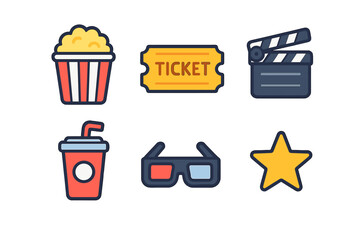 Flat icons set for cinema and movie watching entertainment